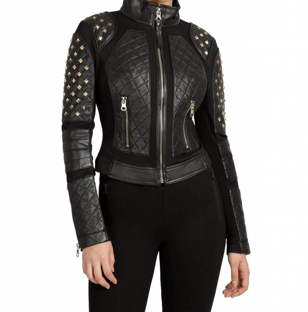 NEW BLANC NOIR pyramid stud mesh genuine leather moto jacket in black